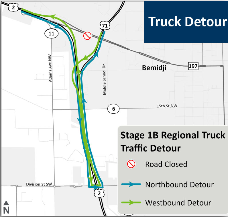 Graphic of three-lane section Map showing the truck detour route during Stage 1C of construction on Hwy 197. The detour directs heavy vehicles onto alternate roadways to keep truck traffic out of the active work zone.