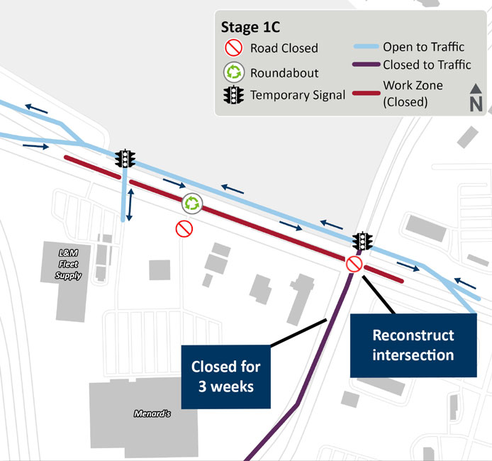 Graphic of three-lane section Map showing Stage 1D reconstruction limits at the Hwy 197 intersection. The map highlights closed areas, active work zones, and temporary routes for local traffic.