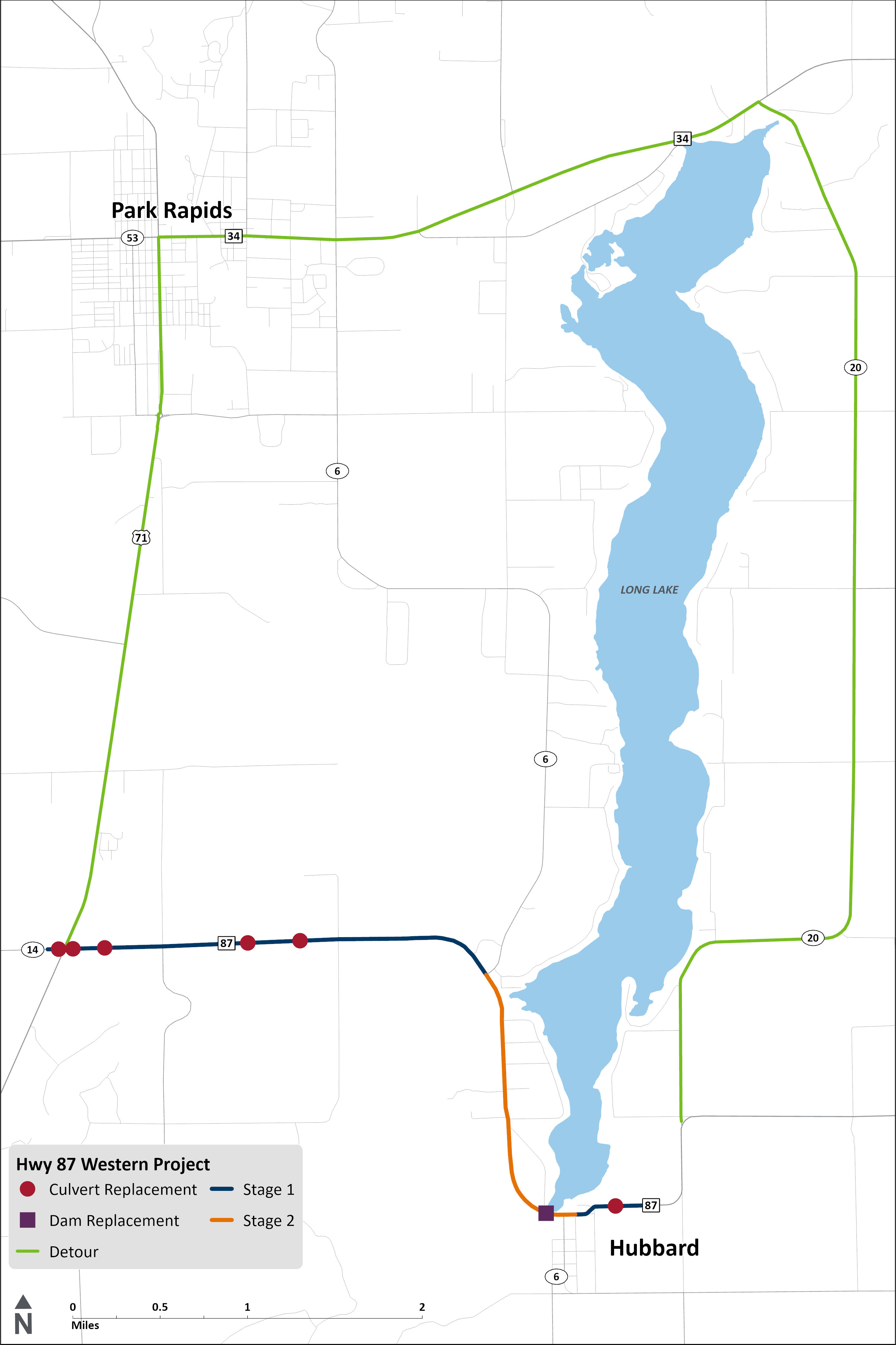 Hwy 87 project in 2025 (western section) Map showing the western project on Highway 87 between Highway 71 and Hubbard