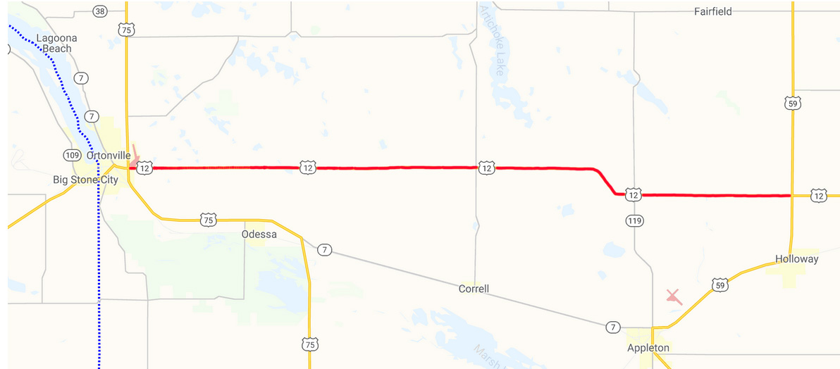 Highway 12 Ortonville to Highway 59 map