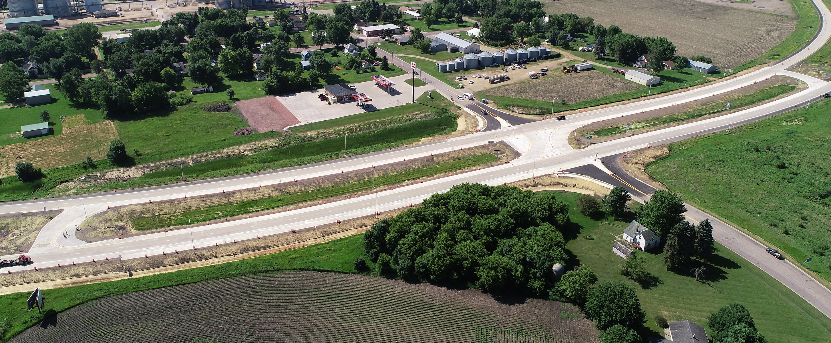 Aerial view of a J-turn in rural Minnesota