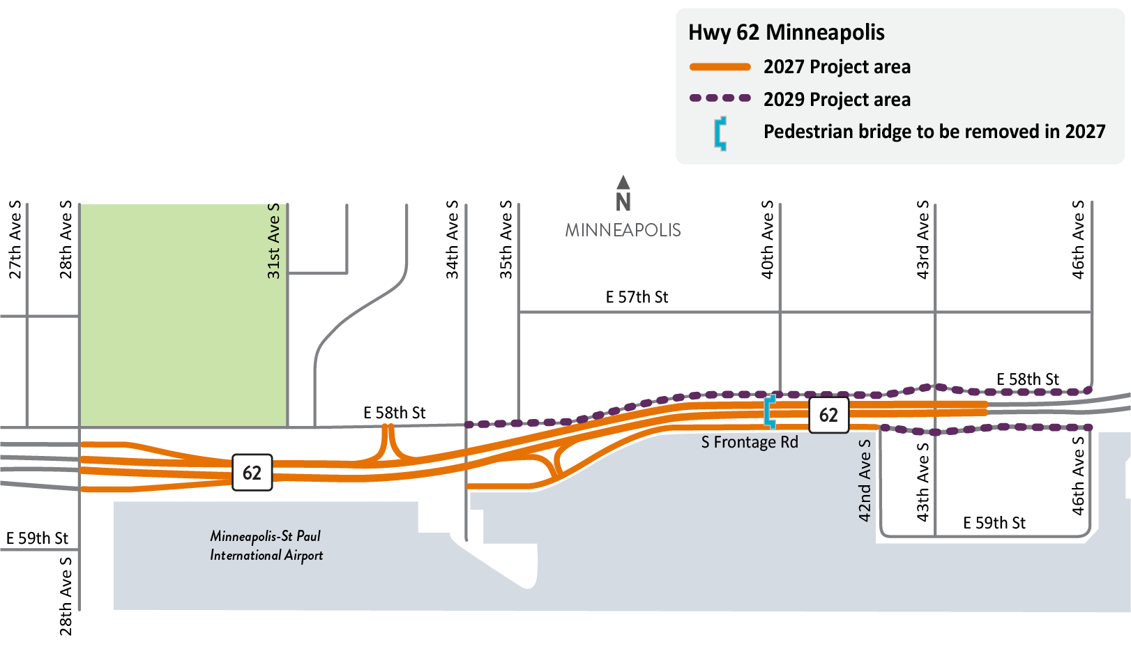 Hwy 62 in Minneapolis project timeline map with the majority of construction occurring in 2027 and construction on the frontage road occurring in 2029