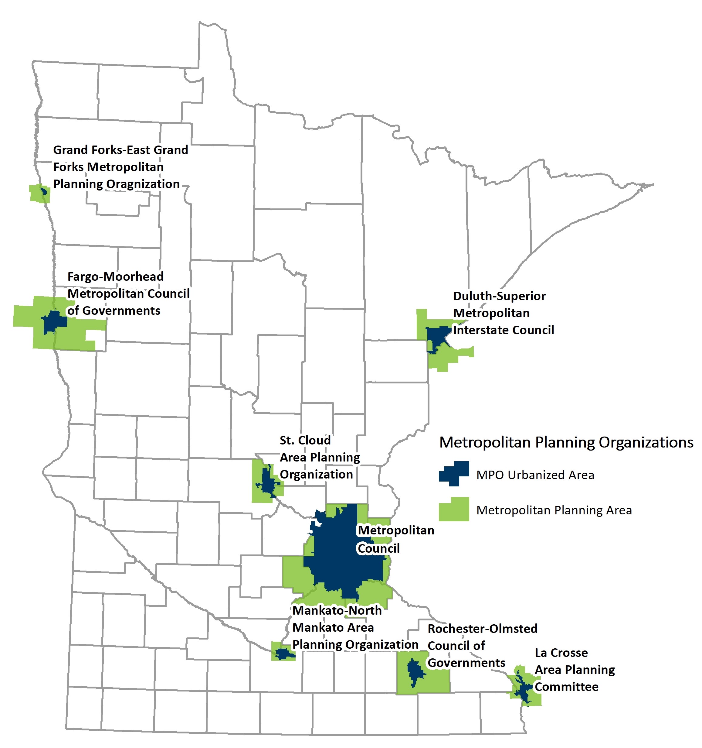 A map showing the 8 metropolitan planning organizations and their metropolitan planning areas in Minnesota